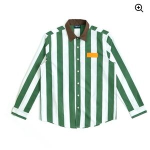 MIFLAND Men's Lightweight Stripe Logo Shirt Green/White Brown Collar (S)